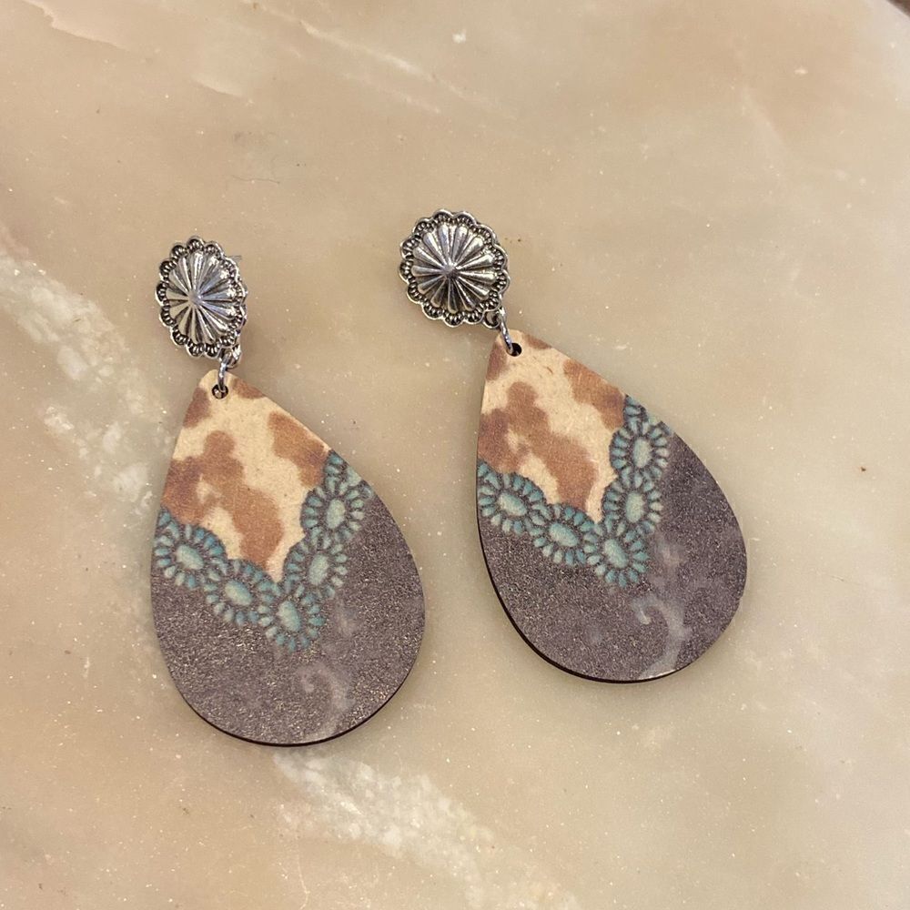 Western print, teardrop stud dangle earrings